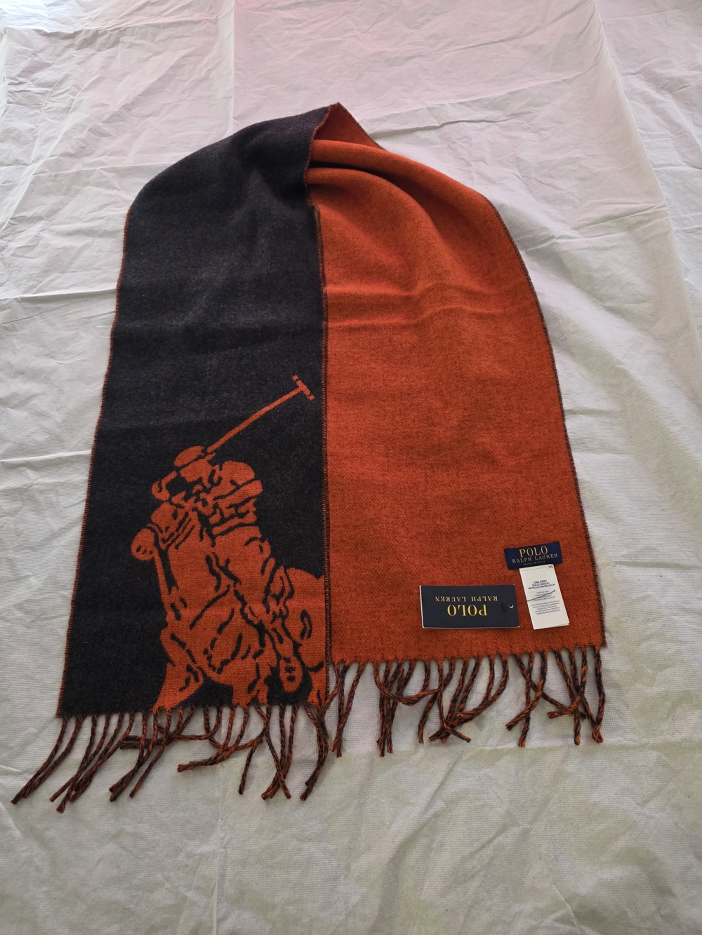 Ralph Lauren Orange Wool Blend Scarf with Navy Label